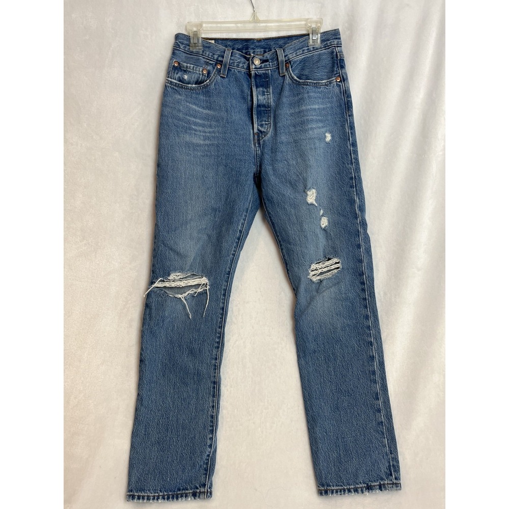 Levis 501 Women 28x30 Medium Wash Distressed Ripped Knee Button Fly Straight